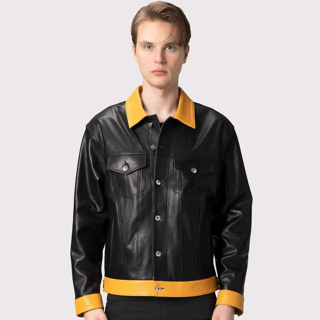 Premium Black Leather Trucker Jacket for Men - AMSEL LEATHERS