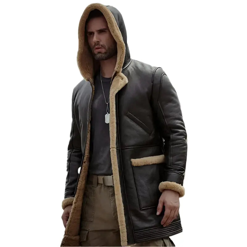 Men's B7 Bomber Sheepskin Leather Coat with Hood – Dark Brown Amsel Leathers