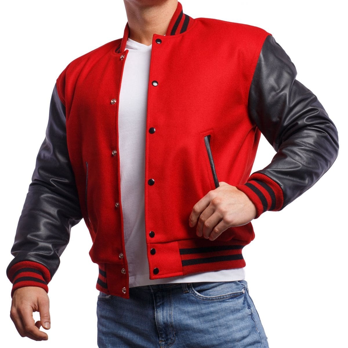 Men's Red Varsity Leather Jacket with Black Sleeves - AMSEL LEATHERS