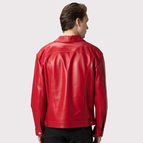 Premium Red Lambskin Leather Trucker Jacket for Men - AMSEL LEATHERS