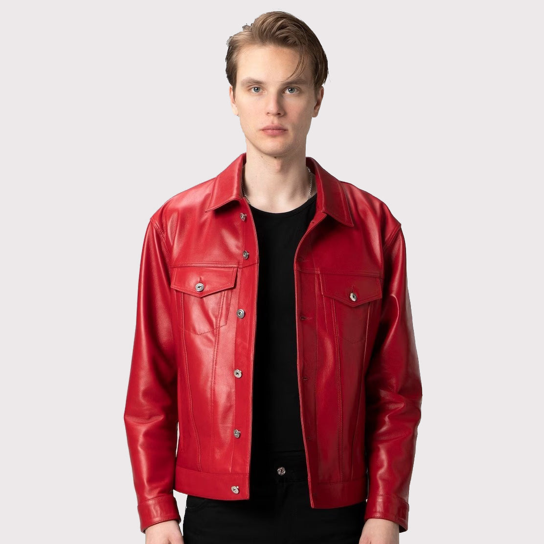 Premium Red Lambskin Leather Trucker Jacket for Men - AMSEL LEATHERS