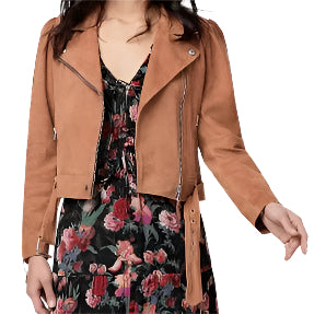 Women's Tan Brown Belted Suede Leather Biker Jacket - AMSEL LEATHERS