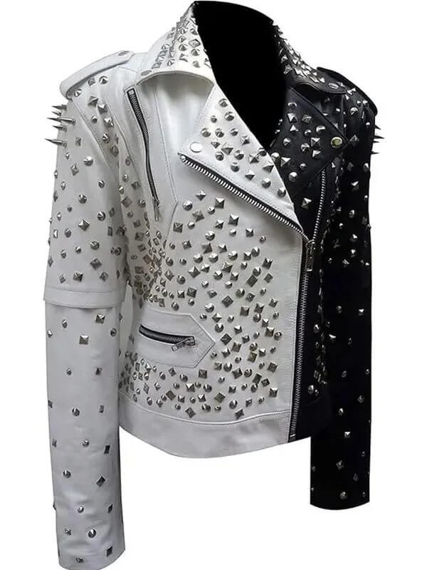 Women's Black and Silver Spiked Studded Biker Leather Jacket - AMSEL LEATHERS