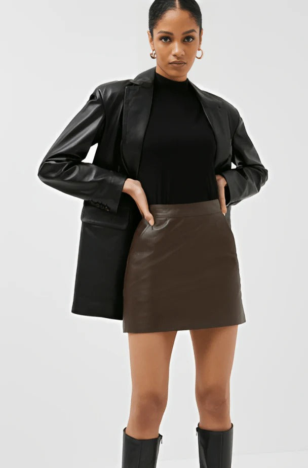 Women's Dark Brown Leather Mini Skirt - AMSEL LEATHERS