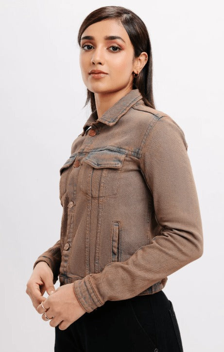 Women’s Distressed Denim Trucker Jacket - Brown Casual Style - AMSEL LEATHERS