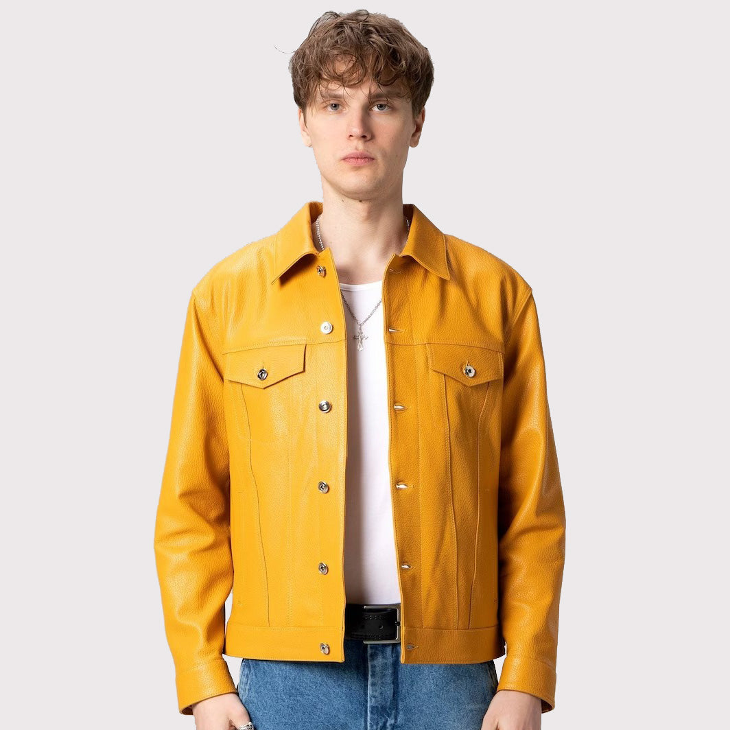 Premium Yellow Leather Trucker Jacket for Men - AMSEL LEATHERS