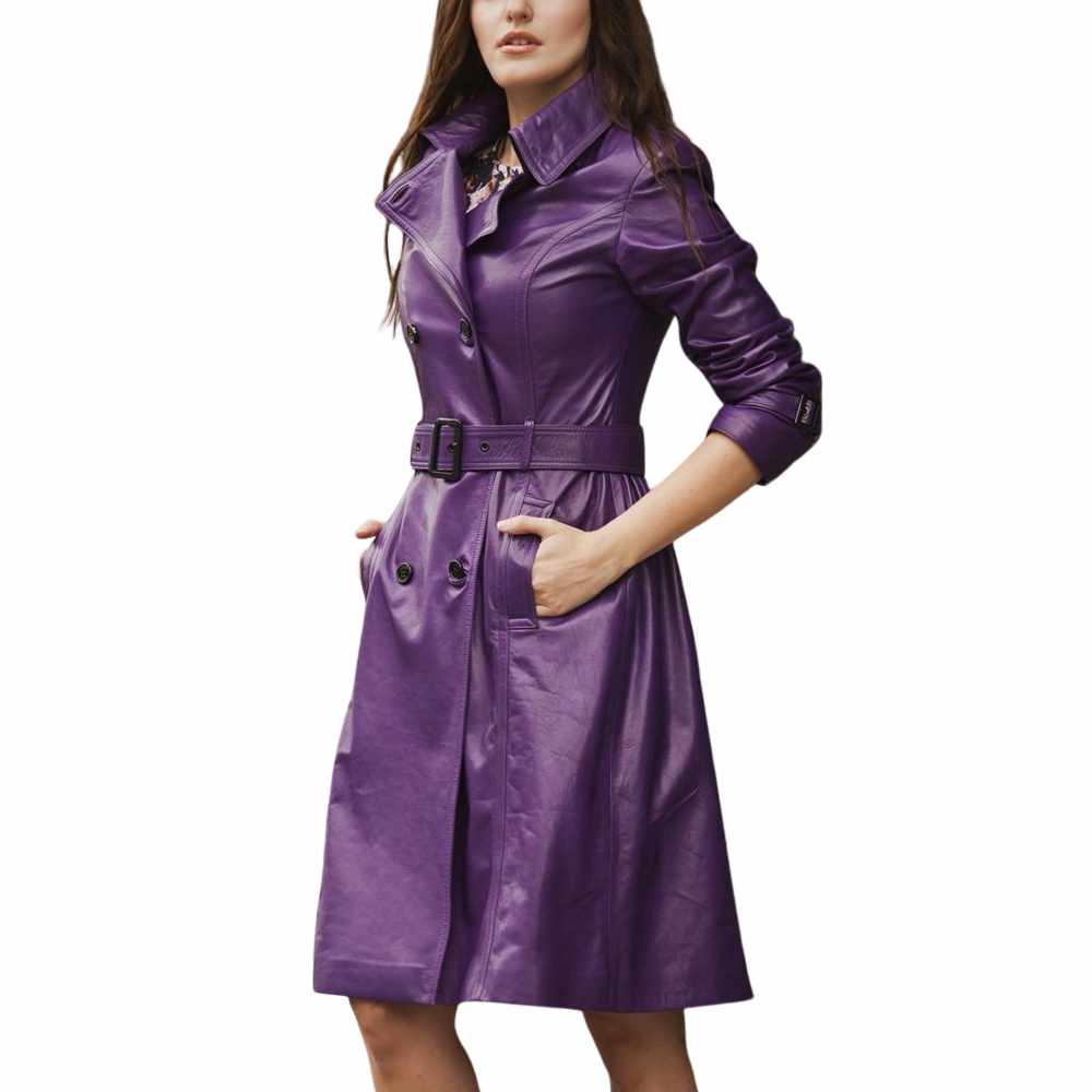 Women Slim Fit Genuine Leather Dress Trench Coat - AMSEL LEATHERS