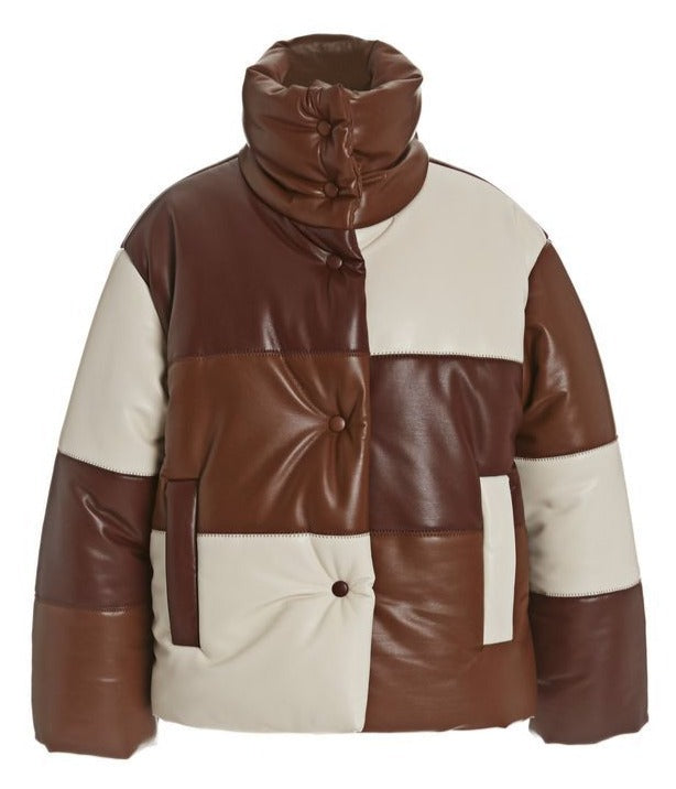 • brown leather puffer jacket mens front view
