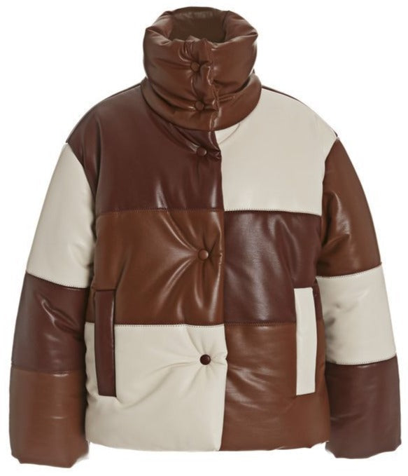 • high collar leather puffer detail close up

