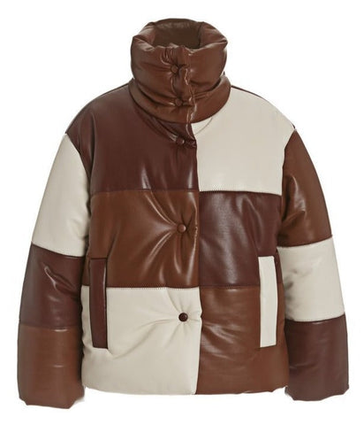 • brown leather puffer jacket mens front view
