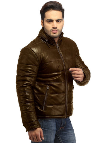 Brown soft leather puffer jacket for men
