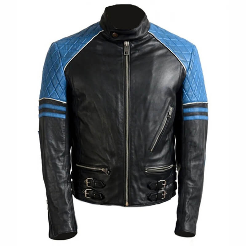 Men’s Quilted Biker Stylish Black and Blue Leather Jacket - AMSEL LEATHERS