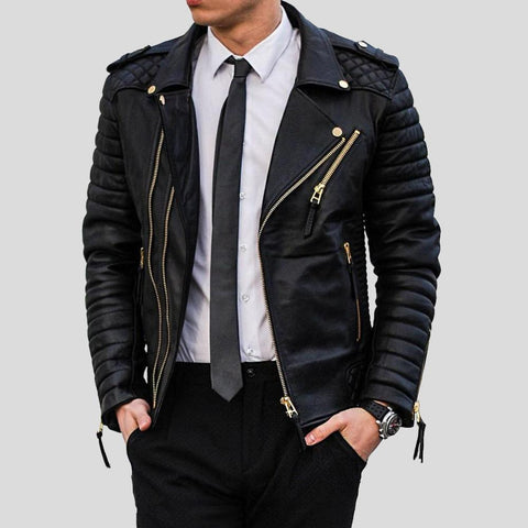 • black quilted leather jacket mens front view
