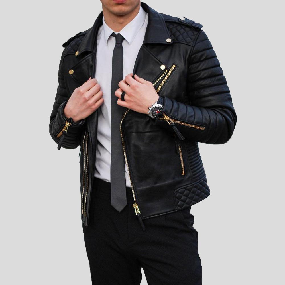 • black leather jacket zipper cuff close up
