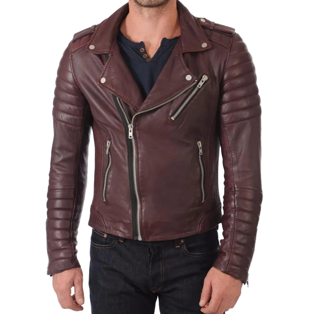 • brown quilted leather jacket mens front view
