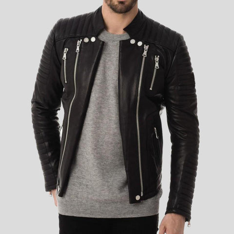 • black quilted leather jacket mens front view
