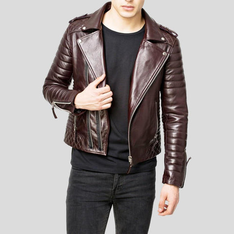 • brown quilted leather jacket mens front view
