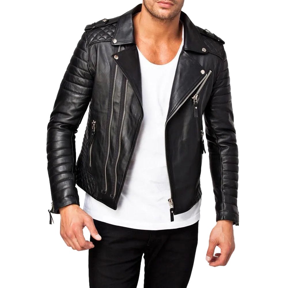 • black quilted lambskin leather jacket mens front view
