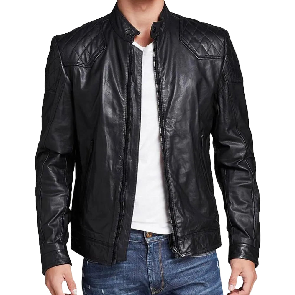 • black quilted leather jacket mens front view
