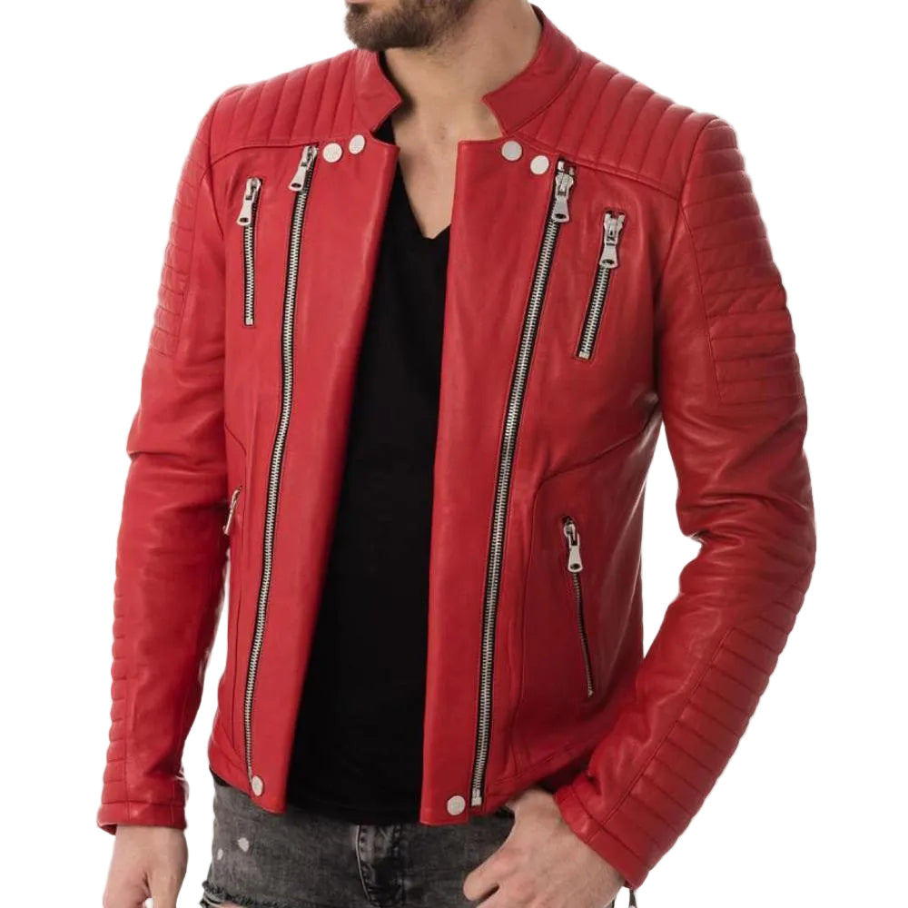 • red quilted leather jacket mens front view
