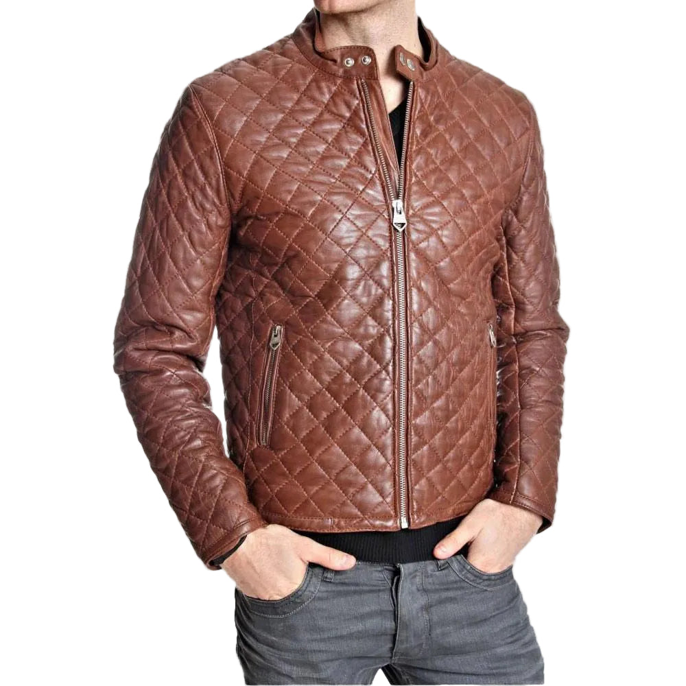 • brown quilted leather jacket mens front view
