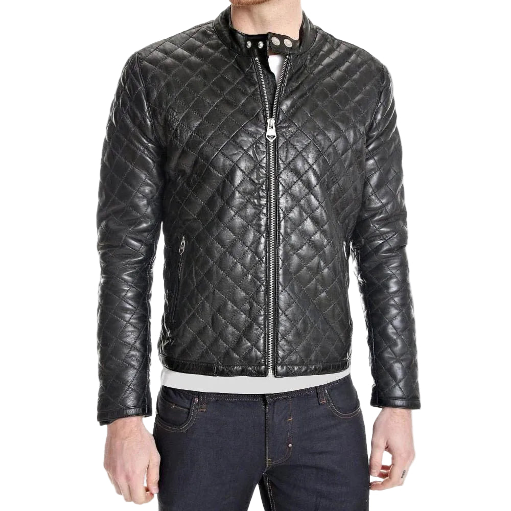 • black quilted leather jacket mens front view
