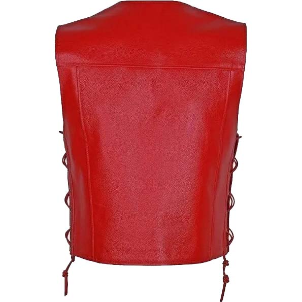 Men’s Motorcycle Biker Red Leather Vest with 10 Pockets - AMSEL LEATHERS