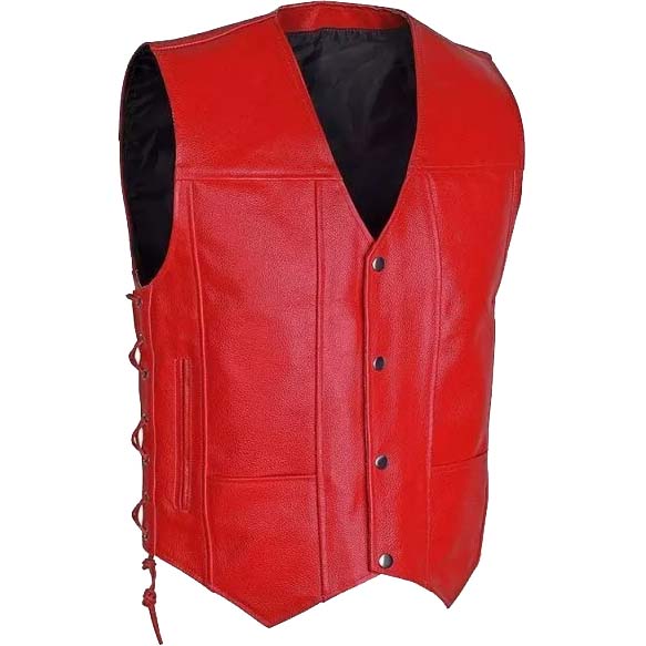 Men’s Motorcycle Biker Red Leather Vest with 10 Pockets - AMSEL LEATHERS