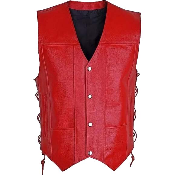 Men’s Motorcycle Biker Red Leather Vest with 10 Pockets - AMSEL LEATHERS