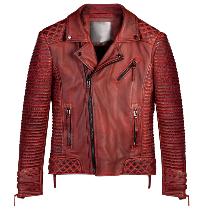 Red Waxed Biker Motorcycle Leather Jacket For Men - AMSEL LEATHERS