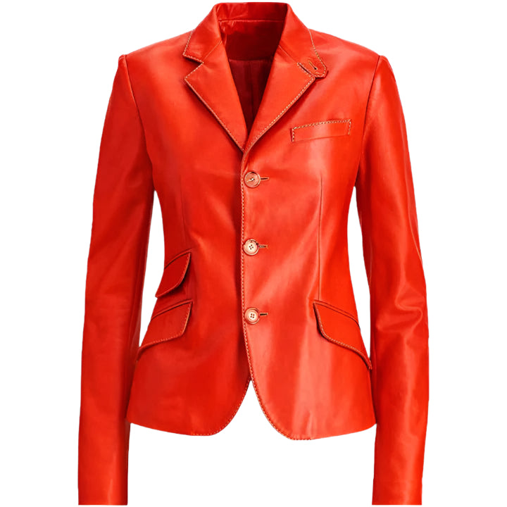 Red Women's Leather Coat with Double Pockets - AMSEL LEATHERS