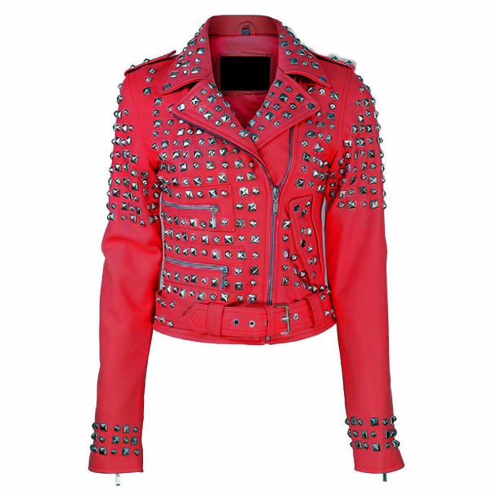 Women Studded Brando Motorcycle Genuine Leather Jacket - AMSEL LEATHERS