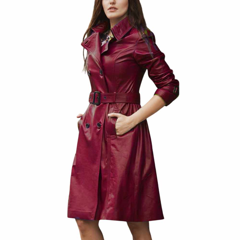 Women Slim Fit Genuine Leather Dress Trench Coat - AMSEL LEATHERS