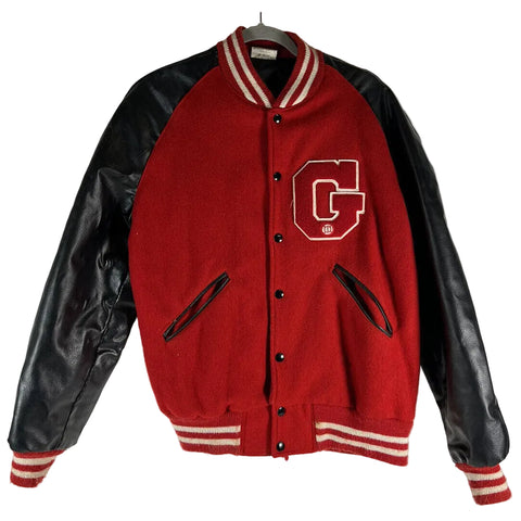 • red black varsity jacket hooded mens front view
