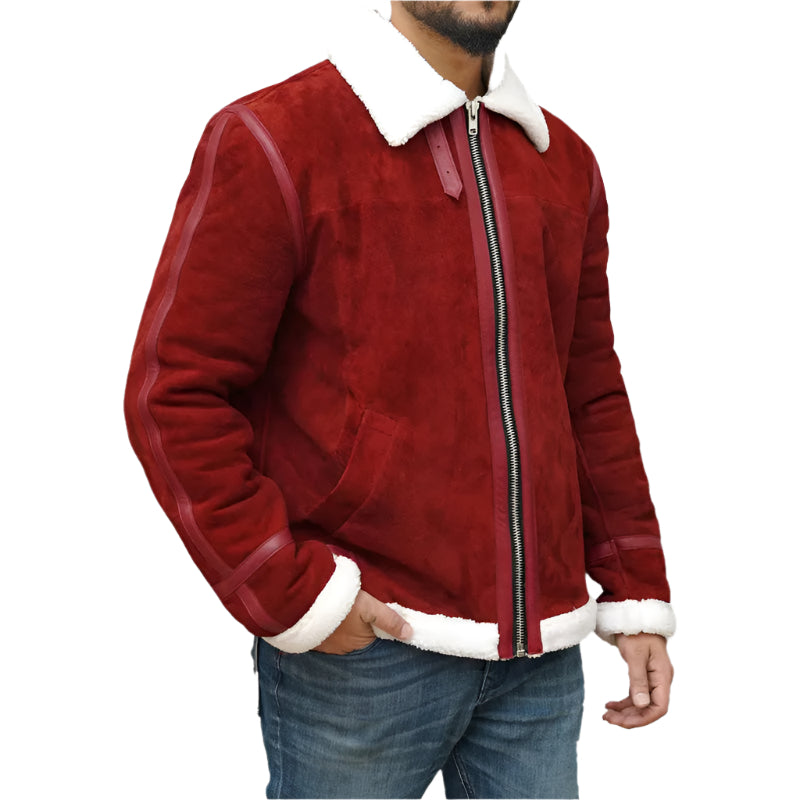 Ryan Reynolds Spirited Red Suede Shearling Jacket - Christmas Edition - AMSEL LEATHERS