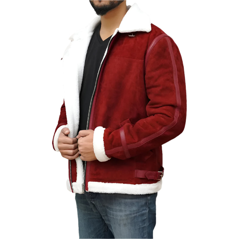 Ryan Reynolds Spirited Red Suede Shearling Jacket - Christmas Edition - AMSEL LEATHERS