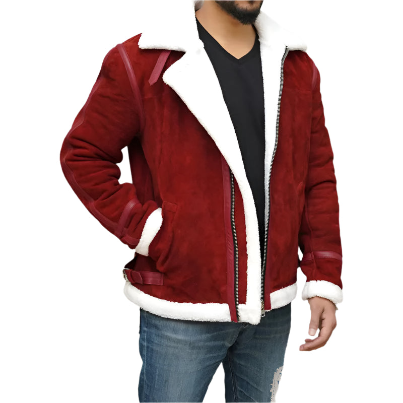 Ryan Reynolds Spirited Red Suede Shearling Jacket - Christmas Edition - AMSEL LEATHERS