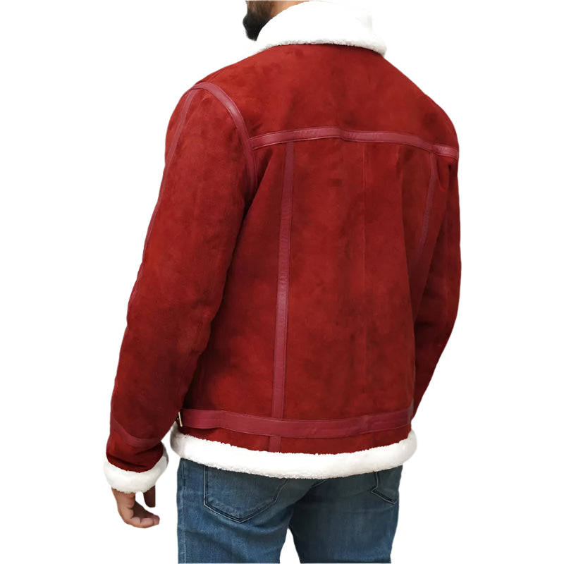 Ryan Reynolds Spirited Red Suede Shearling Jacket - Christmas Edition - AMSEL LEATHERS