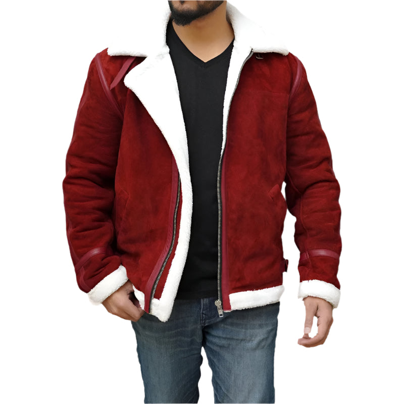 Ryan Reynolds Spirited Red Suede Shearling Jacket - Christmas Edition - AMSEL LEATHERS