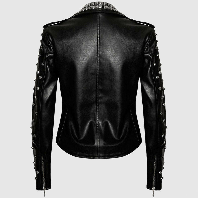 Women Black Brando Leather Jacket With Silver Studs - AMSEL LEATHERS