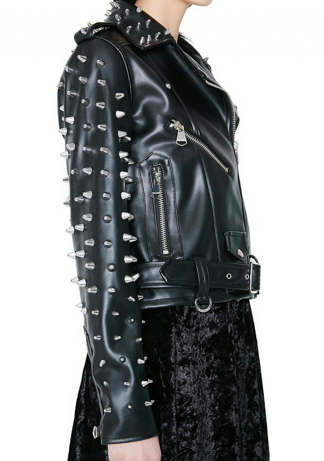 Women's Black Color Biker Genuine Leather Silver Spike Studded Belted Jacket - AMSEL LEATHERS