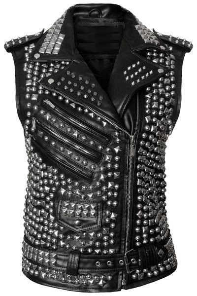 Mens Studded Leather VEST Silver Studs Biker Zipper Pocket - AMSEL LEATHERS