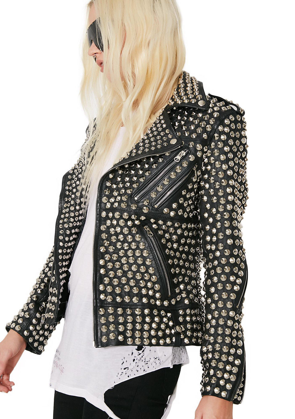 Women Rock Star Silver Studded Leather Jacket - AMSEL LEATHERS