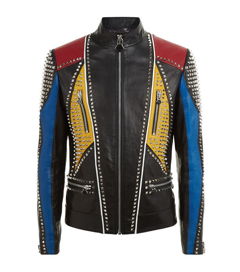 Men Handmade Multi color Philipp Full Studded Leather Jacket - AMSEL LEATHERS