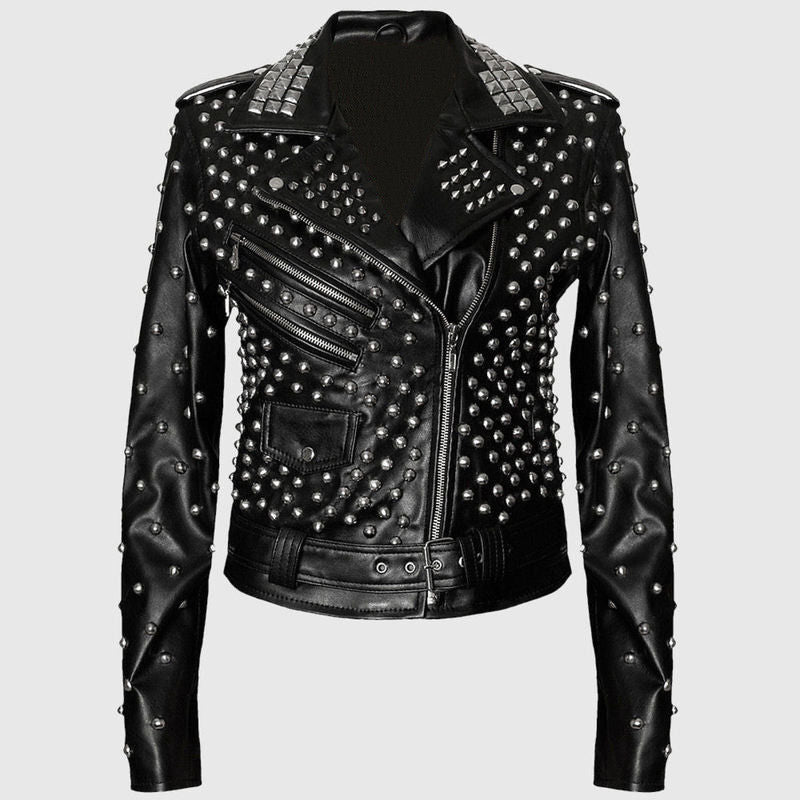 Women Black Brando Leather Jacket With Silver Studs - AMSEL LEATHERS