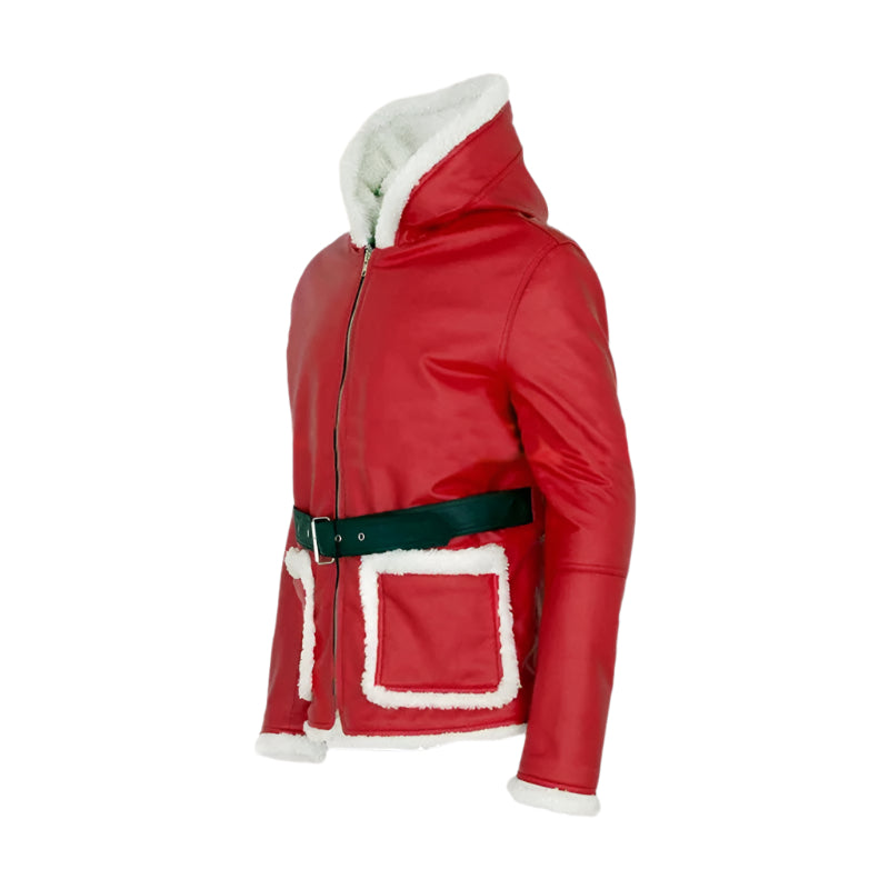 Santa Claus Hooded Red Leather Coat with Fur Trim - Christmas Edition - AMSEL LEATHERS