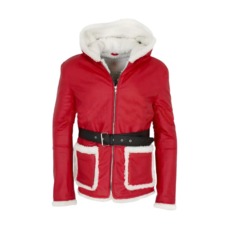 Santa Claus Hooded Red Leather Coat with Fur Trim - Christmas Edition - AMSEL LEATHERS