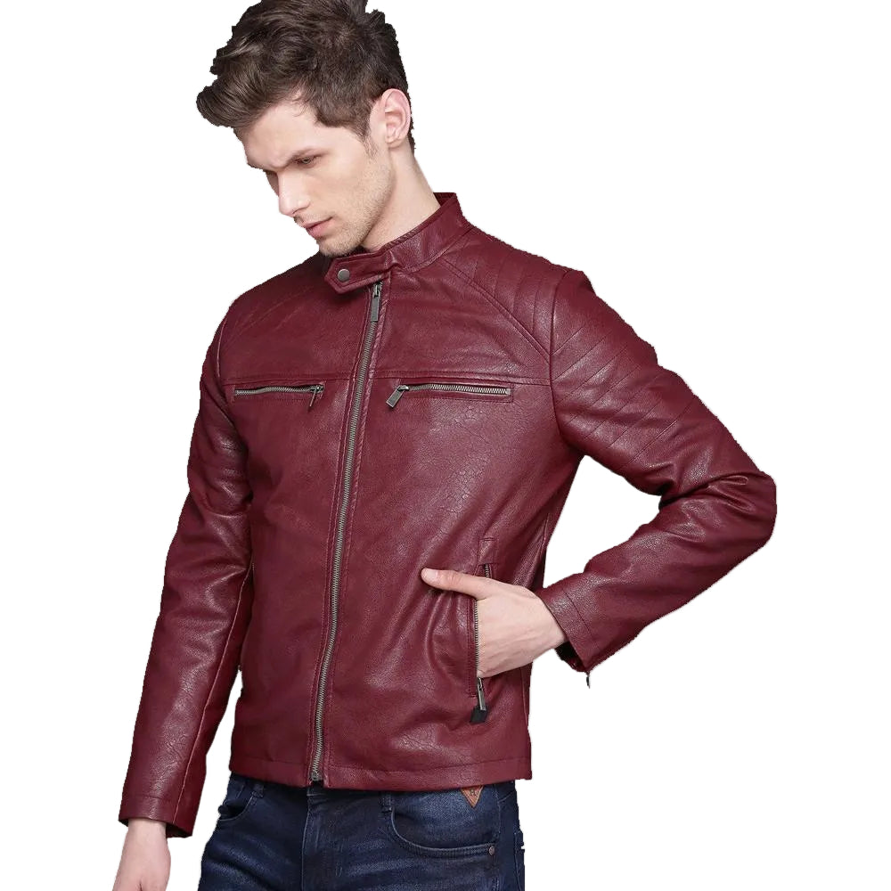 men’s black lambskin leather biker jacket front view