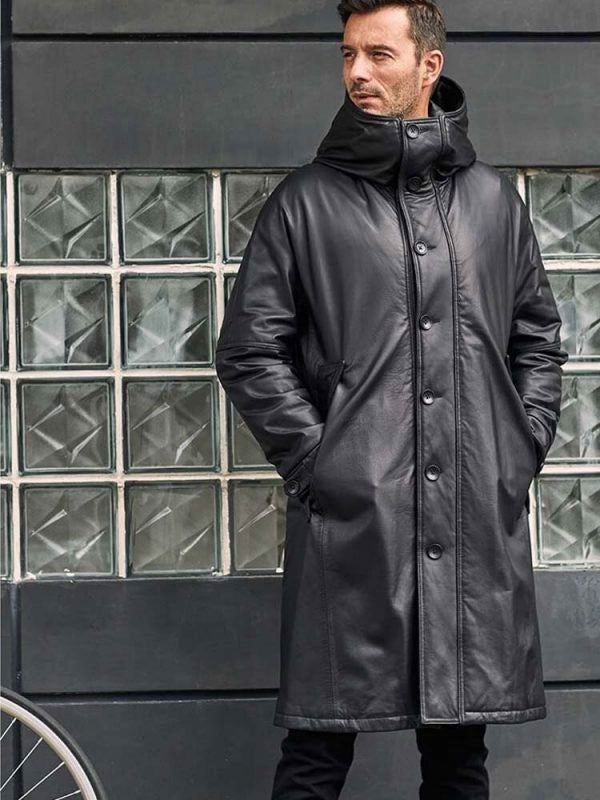 • mens leather winter overcoat front view
