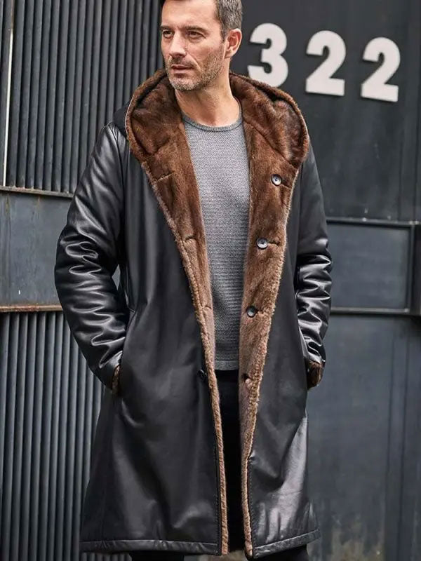 • hooded shearling leather parka mens front view
